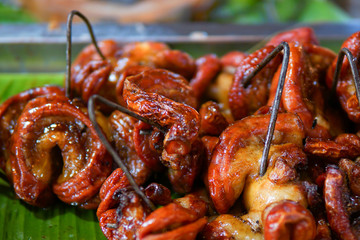 Grilled pork intestine local street food.