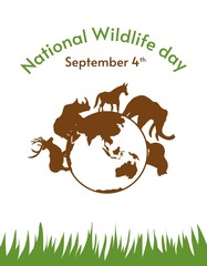 National Wildlife day background. Deer, rhino, horse, elephant, bear animal silhouette. Earth with animal and grass background.
