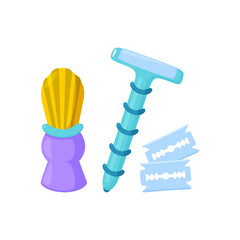 Eco collection for shaving. Stainless steel razor, blade and shaving brush. Isolated vector illustration in cartoon style