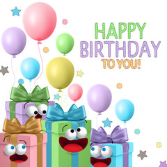 Obraz na płótnie Canvas Happy birthday gift cartoons vector template design. Birthday greeting text with cute gift cartoon and balloons elements for party celebration. Vector illustration 