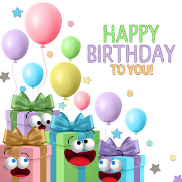 Happy birthday gift cartoons vector template design. Birthday greeting text with cute gift cartoon and balloons elements for party celebration. Vector illustration
