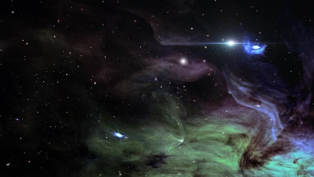 Green and purple nebula clouds studded with stars in the cosmos, space