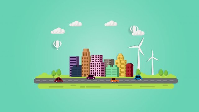 Motion graphic wind turbine  concept. .motion graphics animation, eco city using wind, solar and Wind turbine..