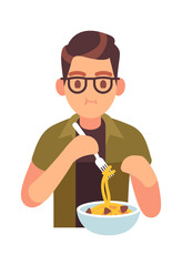 Man eating meal. Hungry male character with tasty noodles, lunch or dinner time with healthy pasta promotion cafe and restaurant, flat vector isolated trendy illustration