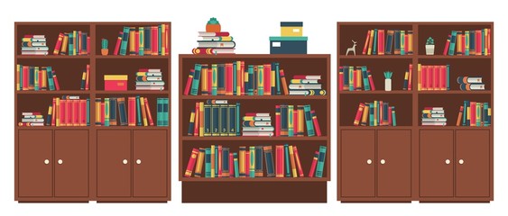 Library book shelves room. Book stacks in wooden furniture. Books in bookshelf stand and lie, colorful covers, wood cabinet for studying and learning, classic interior vector illustration