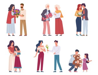 Man giving flowers. Young and elderly giving bouquets, romantic admirers present floral gift valentine day or birthday, holiday congratulate and surprise characters flat vector set