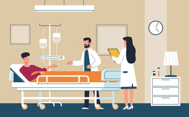 Hospital room. Doctor in uniform and nurse provide medical care patient in intensive therapy ward lying on bed, consultation and diagnosis aid interior healthcare flat vector concept