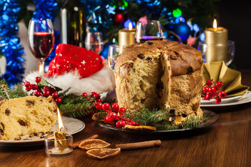 Christmas panettone cake with raisins and fruits