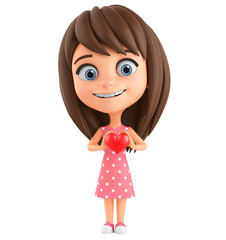 Cartoon character little girl holding a heart on a white background. 3d render illustration.