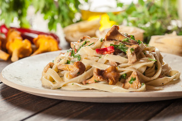 Tagliatelle pasta with chicken and chanterelles mushrooms © Sławomir Fajer