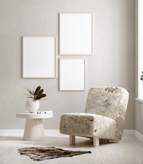 Mock up poster frame in interior background, scandinavian style, 3D render