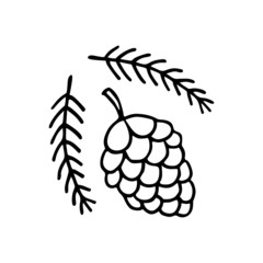 Pine cone and twigs. Hand drawn vector doodle elements.