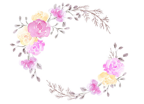 Hand drawn watercolor painting with roses flowers bouquet isolated on white background. Floral ornament. Design element round frame.