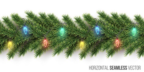 Fir branch with light bulb garland horizontal seamless pattern on white background. Vector Christmas and New Year background