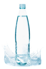 Bottle of clean water with splash on white background