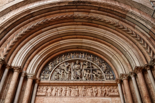 Parma, detail of the portal of the baptistery, Duomo square, Emilia Romagna, Italy, unesco world heritage site