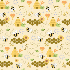 Sweet honey seamless pattern Cute bees, tasty healthy honey, bee hive, flower, honeycomb Vector background © Tani Kuzminka