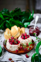 Farmer camembert cheese on the cutting board. selective focus