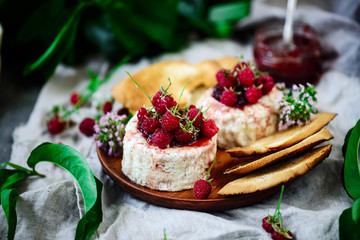 Farmer camembert cheese on the cutting board. selective focus