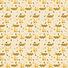 Sweet honey seamless pattern Cute bees, tasty healthy honey, bee hive, flower, honeycomb apiary background
