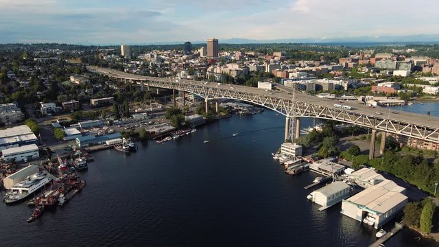 Amazing Urban Aerial Video of Scenic Washington State with Cars and Boats Traveling