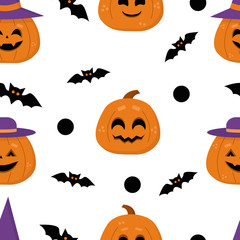 Halloween Pattern. Seamless pattern with orange halloween pumpkins and bats.