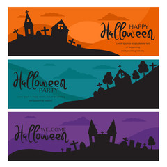 Happy Halloween. Dusk, full moon dark night and tombstone. Halloween invitation or greeting cards set.