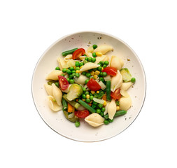 Plate with tasty conchiglie pasta and vegetables on white background