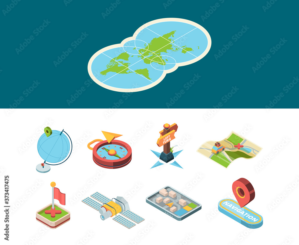 Poster navigation isometric icon. map road smart navigator and sign route direction boards compass and navi