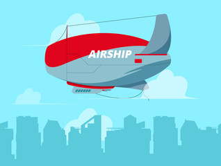 Dirigible in sky. Flying airship in clouds concept travel background illustration. Dirigible airship, transportation travel flight aircraft