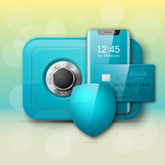 Guarded Smartphone, credit card, safe banner. Reliable Protection advertising poster phone, bank card, strongbox icon. Communicator PDA. Hendy Plastic card. Shield banking money icon.Debit card chip