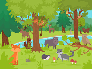 Obraz na płótnie Canvas Animals in forest background. Wild cute happy animals living and playing in forest glade with big trees vector illustration. Animal forest, bear, fox and deer, woodland nature