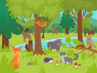  Animals in forest background. Wild cute happy animals living and playing in forest glade with big trees vector illustration. Animal forest, bear, fox and deer, woodland nature © ONYXprj