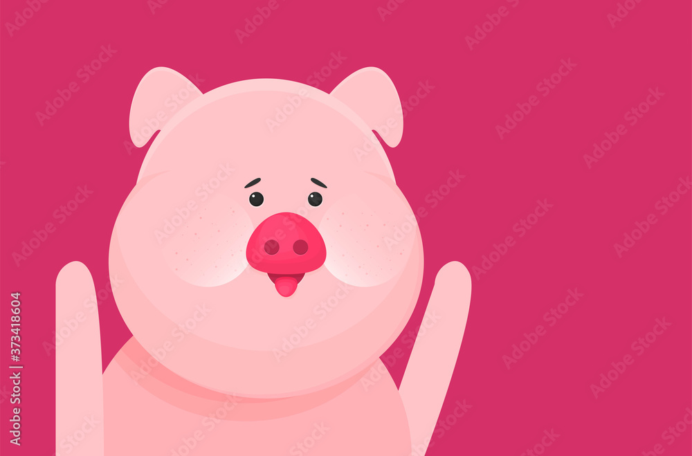 Poster flat vector funny pig isolated on color background