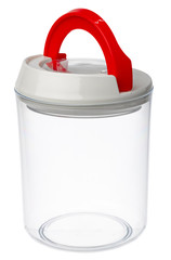 Empty plastic storage jar isolated on white