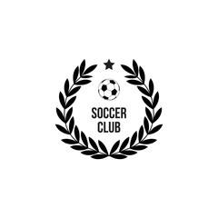 Soccer club icon stamp with round wreath and football isolated on white background
