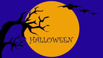 halloween night, full moon, black tree and bats with purple background vector illustration 