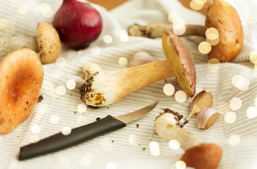 cooking and harvest concept - different edible mushrooms, kitchen knife and towel on wooden table