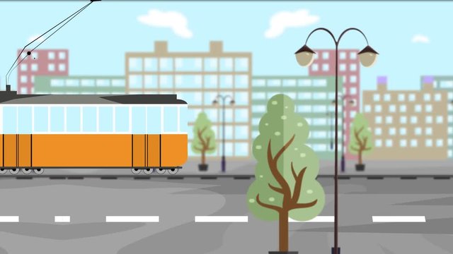 4k - Illustrated animation with a tram and a car in the city - Parallax effect with 4 layers