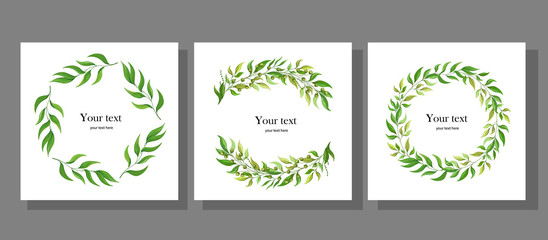Wreath with wild leaves.Green foliage. Decorative wreath set of greeting cards with space for your text quotes or logo summer or spring design.