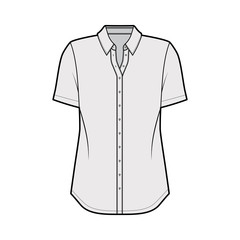 Classic shirt technical fashion illustration with short sleeves, relax fit, front button-fastening, regular collar. Flat apparel template front, grey color. Women men unisex top CAD mockup 