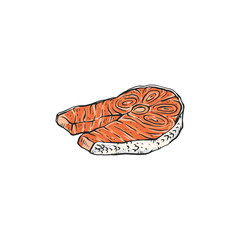 Salmon steak or piece of red fish fillet sketch vector illustration isolated.