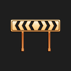 Gold Safety barricade symbol icon isolated on black background. Traffic sign road. Road block sign. Long shadow style. Vector.