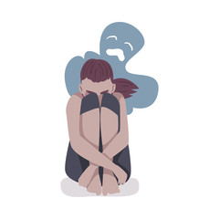 Depressed Girl Sitting on Floor Hugging Her Knees, Person Haunted by Ghost, Mental Health Problems, Psychological Disorder Concept Cartoon Style Vector Illustration