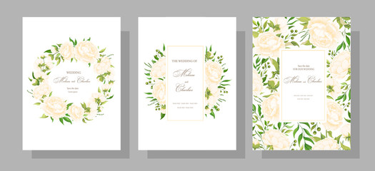 Botanical map with wild leaves. Set of wedding invitations with peonies, leaves and grass garlands with green foliage of exotic tropical plants. Vector graphics.
