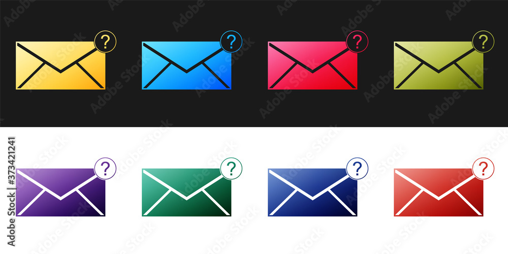 Poster set envelope with question mark icon isolated on black and white background. letter with question ma