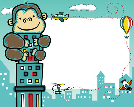 Frame Border Of King Kong Cartoon Climbing On Building With Air Transportations, For Kids Party Invitation Card Template.