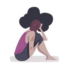 Depressed Girl Sitting on Floor with Black Cloud around her Head, Person Haunted by Ghost, Mental Health Problems, Psychological Disorder Concept Cartoon Style Vector Illustration