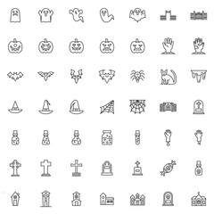 Happy Halloween line icons set. linear style symbols collection, outline signs pack. vector graphics. Set includes icons as scary ghost, angry pumpkin, flying bat, spider, haunted house, cemetery gate
