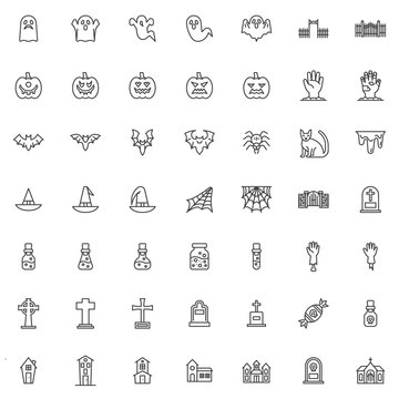 Happy Halloween Line Icons Set. Linear Style Symbols Collection, Outline Signs Pack. Vector Graphics. Set Includes Icons As Scary Ghost, Angry Pumpkin, Flying Bat, Spider, Haunted House, Cemetery Gate